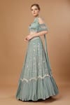 Buy_Merge Design_Green Georgette, Chiffon Pearls, Sequins Plunge Neck Embroidered Lehenga Set _Online_at_Aza_Fashions
