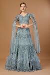 Buy_Merge Design_Blue Organza, Net Sequins, Beads, Feathers, Geometric Embroidered Lehenga Set _at_Aza_Fashions