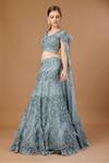 Buy_Merge Design_Blue Organza, Net Sequins, Beads, Feathers, Geometric Embroidered Lehenga Set _Online_at_Aza_Fashions