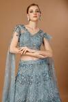 Shop_Merge Design_Blue Organza, Net Sequins, Beads, Feathers, Geometric Embroidered Lehenga Set _at_Aza_Fashions