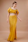 Merge Design_Yellow Modal, Satin Sequins, Pearls, Stones Embroidered Top And Panelled Skirt Set _Online_at_Aza_Fashions