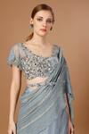 Shop_Merge Design_Blue Blouse Net Embroidery Mirror Scoop Neck Pre-draped Saree Set With Dupatta _at_Aza_Fashions