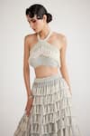 Vvani by Vani Vats_Grey Crop Top - Georgette Embellished Chandelier Pearl Skirt And Set  _Online_at_Aza_Fashions