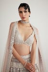 Vvani By Vani Vats_Pink Georgette, Net Pearls Plunge Chandelier Embellished Bridal Lehenga Set _Online_at_Aza_Fashions