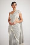 Buy_Vvani By Vani Vats_Grey Georgette Pearls, Embroidery, Chandelier Drop Pre-draped Saree With Blouse _Online_at_Aza_Fashions