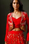 Buy_Two Sisters By Gyans_Red Raw Silk Embellished Pearl Jacket Open Son Chidiya Lehenga Set _Online_at_Aza_Fashions