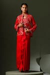 Buy_Two Sisters By Gyans_Red Jacket And Blouse Raw Silk Paisley Cape Draped Skirt Set _at_Aza_Fashions