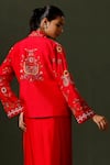 Shop_Two Sisters By Gyans_Red Jacket And Blouse Raw Silk Paisley Cape Draped Skirt Set _at_Aza_Fashions