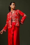 Buy_Two Sisters By Gyans_Red Jacket And Blouse Raw Silk Paisley Cape Draped Skirt Set _Online_at_Aza_Fashions