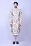 Aryavir Malhotra_Cream Art Silk Embroidered Botanic Sherwani With Kurta Set_at_Aza_Fashions