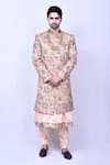 Buy_Aryavir Malhotra_Peach Banglori Silk Embroidered Floral Sherwani With Kurta Set_at_Aza_Fashions