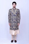 Shop_Aryavir Malhotra_Blue Banglori Silk Embroidered Floral Flower Sherwani With Kurta Set_Online_at_Aza_Fashions