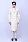 Buy_Aryavir Malhotra_Cream Art Silk Self Thread Work Floral Sherwani Set _Online_at_Aza_Fashions