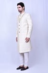 Aryavir Malhotra_Cream Art Silk Self Thread Work Floral Sherwani Set _at_Aza_Fashions