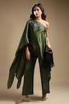 Buy_Sakshi Khetterpal_Green Silk Crystals, Cut Work, Sequins, Neckline Embroidered Top And Pant Set _at_Aza_Fashions