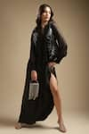 Sakshi Khetterpal_Black Jacket Satin Linen Embroidery Sequin Open Draped Skirt Set _Online_at_Aza_Fashions