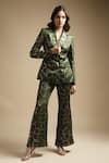 Buy_Sakshi Khetterpal_Green Satin Linen Embroidery Sequin Notched Lapel Blazer And Bell Bottom Pant Set _at_Aza_Fashions