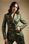 Sakshi Khetterpal_Green Satin Linen Embroidery Sequin Notched Lapel Blazer And Bell Bottom Pant Set _at_Aza_Fashions