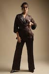 Buy_Sakshi Khetterpal_Brown Satin Linen Embroidery Sequin Notched Lapel Placement Blazer And Pant Set _at_Aza_Fashions