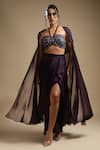 Buy_Sakshi Khetterpal_Purple Cape And Bustier Georgette Embroidery Sequin Draped Skirt Set _at_Aza_Fashions