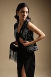 Sakshi Khetterpal_Black Jacket Satin Linen Embroidery Sequin Open Draped Skirt Set _Online_at_Aza_Fashions