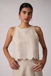 Buy_The Summer House_Beige Organic Linen Hand Embroidered Round Toni Hem Top  _at_Aza_Fashions