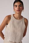 The Summer House_Beige Organic Linen Hand Embroidered Round Toni Hem Top  _Online_at_Aza_Fashions