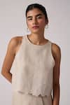 The Summer House_Beige Organic Linen Hand Embroidered Round Toni Hem Top  _at_Aza_Fashions