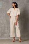 The Summer House_Beige Linen Plain Lapel Collar Clyde Crop Shirt With Pant  _Online_at_Aza_Fashions