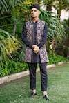 Buy_Ekavira_Black Silk Embroidery Ajrakh Print Bundi Kurta Set _at_Aza_Fashions