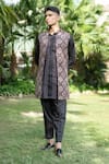 Ekavira_Black Silk Embroidery Ajrakh Print Bundi Kurta Set _Online_at_Aza_Fashions