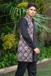 Shop_Ekavira_Black Silk Embroidery Ajrakh Print Bundi Kurta Set _Online_at_Aza_Fashions