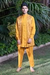 Buy_Ekavira_Yellow Silk Embroidery Ajrakh Print Bundi Kurta Set _at_Aza_Fashions
