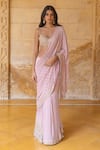 Buy_Arpita Mehta_Pink Georgette Hand Embroidered Mirror Sweetheart Pre-draped Saree And Blouse Set _at_Aza_Fashions