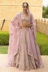 Buy_Arpita Mehta_Pink Organza Hand Embroidered Mirror Deep V Neck And Thread Bridal Lehenga Set _at_Aza_Fashions