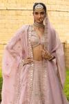 Arpita Mehta_Pink Organza Hand Embroidered Mirror Deep V Neck And Thread Bridal Lehenga Set _Online_at_Aza_Fashions