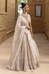 Shop_Arpita Mehta_Ivory Organza Hand Embroidered Mirror Leaf Floral Thread Bridal Lehenga Set _Online_at_Aza_Fashions