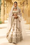 Buy_Arpita Mehta_Ivory Organza Hand Embroidered Mirror Leaf Neck Palm Tree Bridal Lehenga Set _at_Aza_Fashions