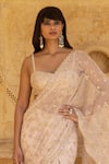 Arpita Mehta_Pink Net Embroidery Mirror Sweetheart Neck Floral Pre-draped Saree With Blouse _Online_at_Aza_Fashions