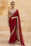 Buy_Arpita Mehta_Red Saree Georgette Embroidery Mirror Halter Neck Scallop Border With Blouse_at_Aza_Fashions