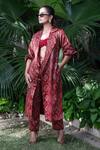 Buy_Ekavira_Maroon Mashru Silk Hand Block Print Floral Ajrakh Notched Surkh Trench Coat _at_Aza_Fashions