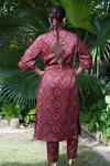 Shop_Ekavira_Maroon Mashru Silk Hand Block Print Floral Ajrakh Notched Surkh Trench Coat _at_Aza_Fashions