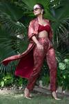 Buy_Ekavira_Maroon Mashru Silk Hand Block Print Floral Ajrakh Notched Surkh Trench Coat _Online_at_Aza_Fashions