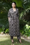 Buy_Ekavira_Black Silk Embroidery Collared Surmayi Ajrakh Print Trench Coat And Pant Set _at_Aza_Fashions