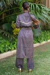 Shop_Ekavira_Blue Maheshwari, Cotton Studs, Neelam Hand Block Print Trench Coat And Pant Set _at_Aza_Fashions