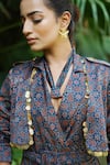 Shop_Ekavira_Blue Maheshwari, Cotton Studs, Neelam Hand Block Print Trench Coat And Pant Set _Online_at_Aza_Fashions