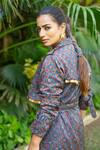 Ekavira_Blue Maheshwari, Cotton Studs, Neelam Hand Block Print Trench Coat And Pant Set _at_Aza_Fashions