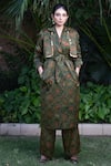 Buy_Ekavira_Green Cotton, Silk Embroidery Panna Hand Block Print Trench Coat And Pant Set _at_Aza_Fashions