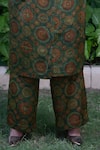 Ekavira_Green Cotton, Silk Embroidery Panna Hand Block Print Trench Coat And Pant Set _Online_at_Aza_Fashions