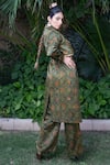 Shop_Ekavira_Green Cotton, Silk Embroidery Panna Hand Block Print Trench Coat And Pant Set _at_Aza_Fashions